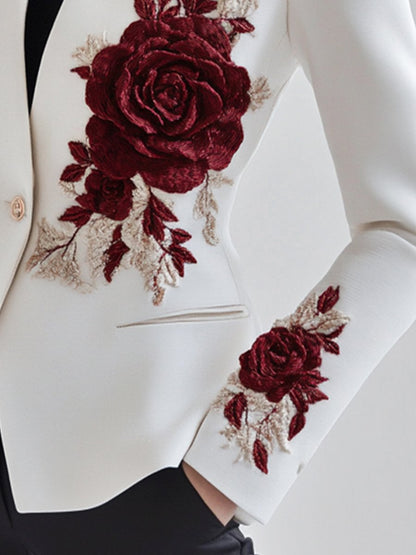 White Blazer with Rose Embroidery for women | Rosavelle