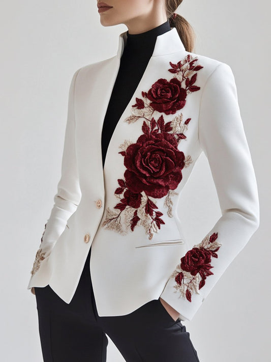 White Blazer with Rose Embroidery for women | Rosavelle