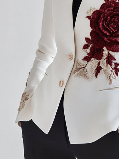 White Blazer with Rose Embroidery for women | Rosavelle