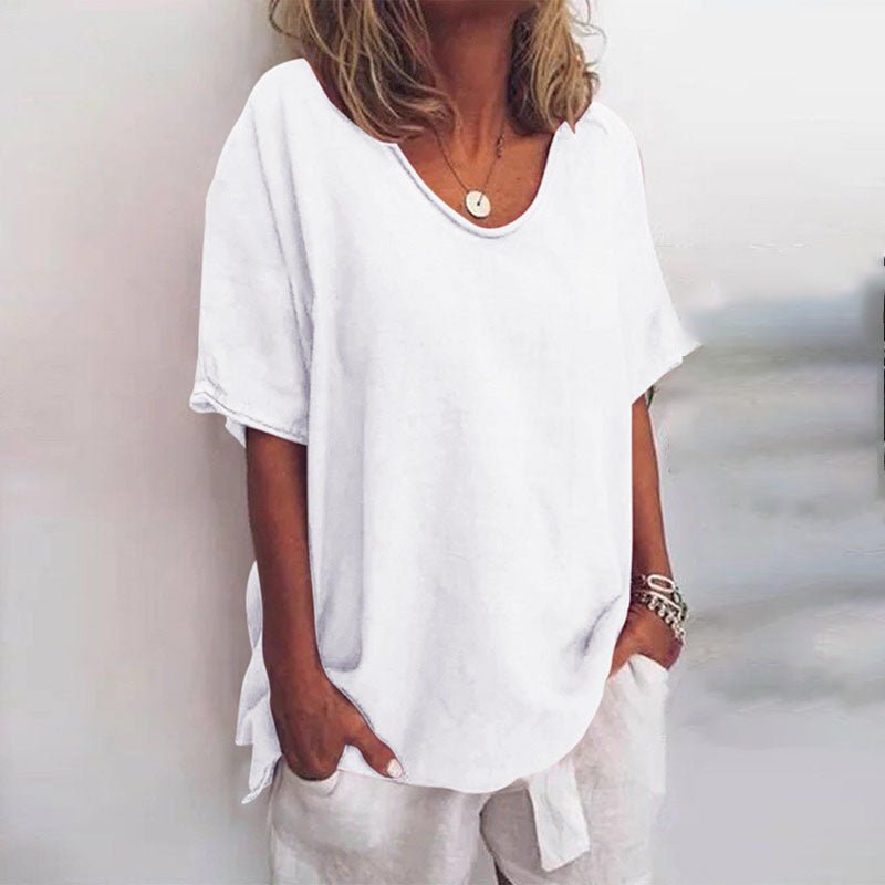 Relaxed scoop neck tee with curved hem for women | Kaia