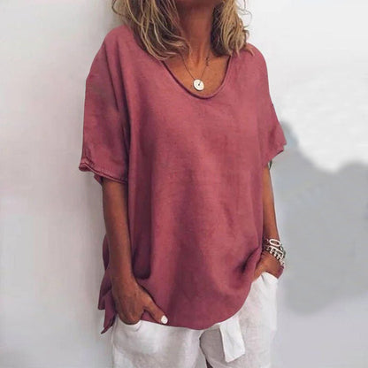 Relaxed scoop neck tee with curved hem for women | Kaia
