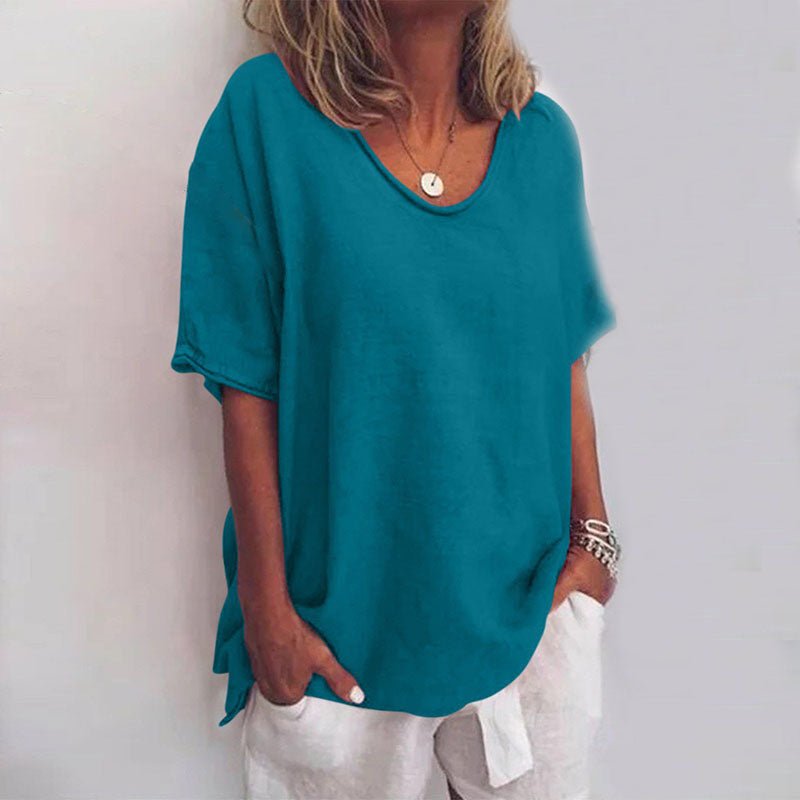 Relaxed scoop neck tee with curved hem for women | Kaia