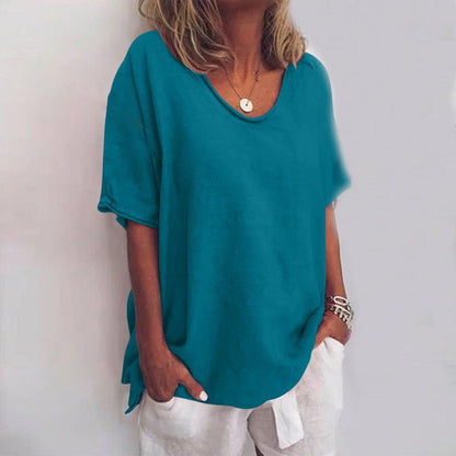 Relaxed scoop neck tee with curved hem for women | Kaia