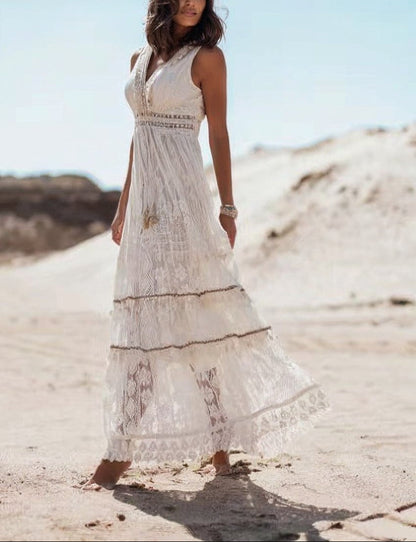 Boho lace maxi dress with sleeveless V-neck for women | Arlena