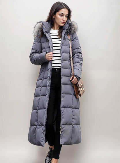 Long belted puffer coat with faux fur hood for women | Valeria