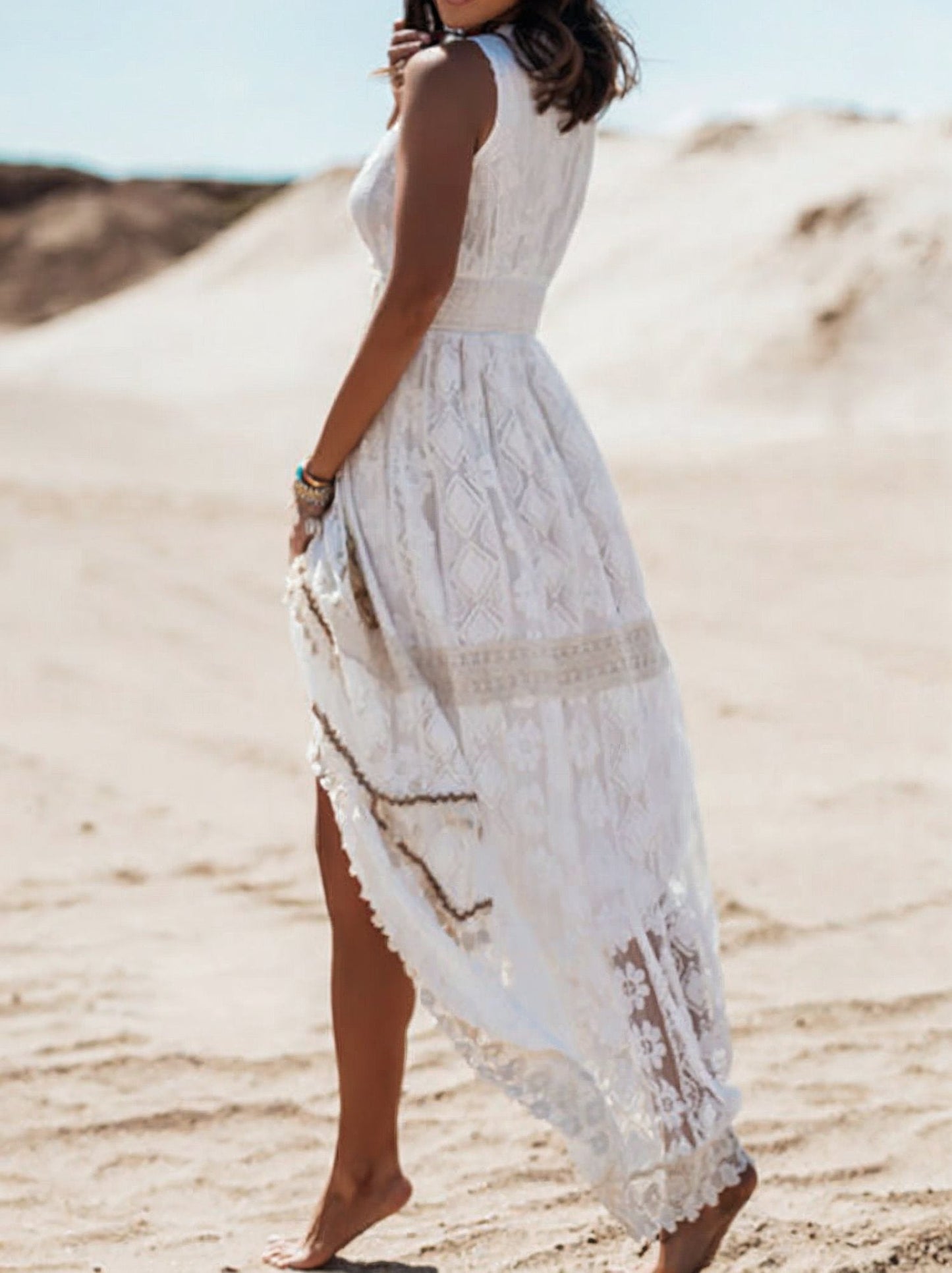 Boho lace maxi dress with sleeveless V-neck for women | Arlena