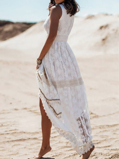 Boho lace maxi dress with sleeveless V-neck for women | Arlena