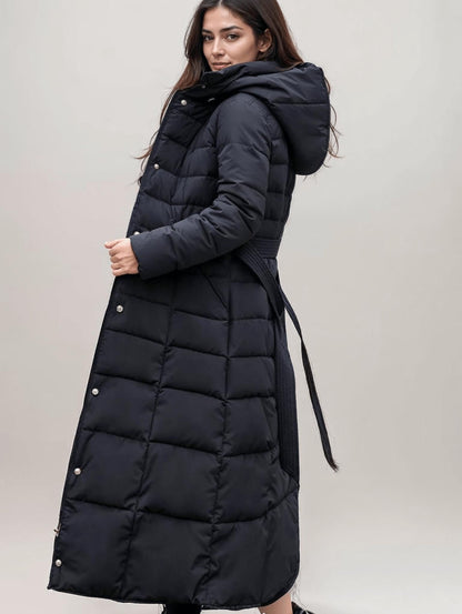 Long belted puffer coat with faux fur hood for women | Valeria