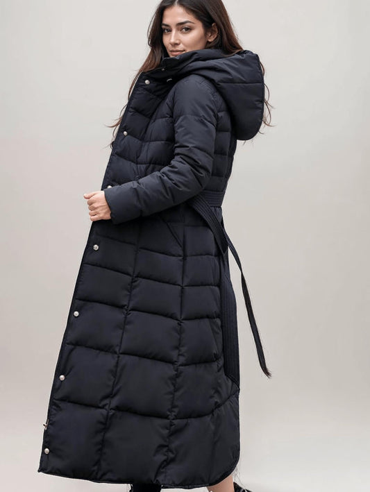 Long belted puffer coat with faux fur hood for women | Valeria