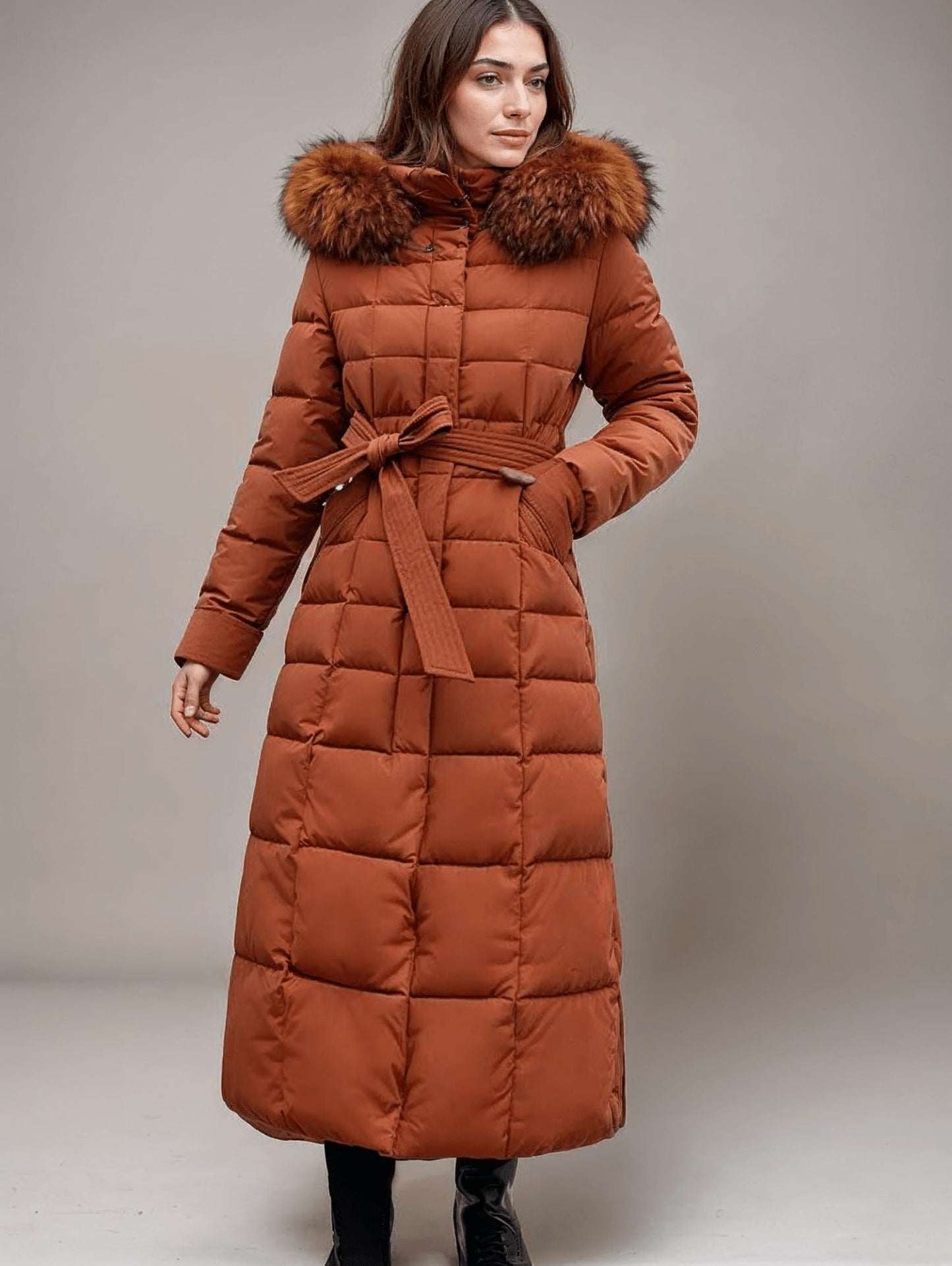 Long belted puffer coat with faux fur hood for women | Valeria