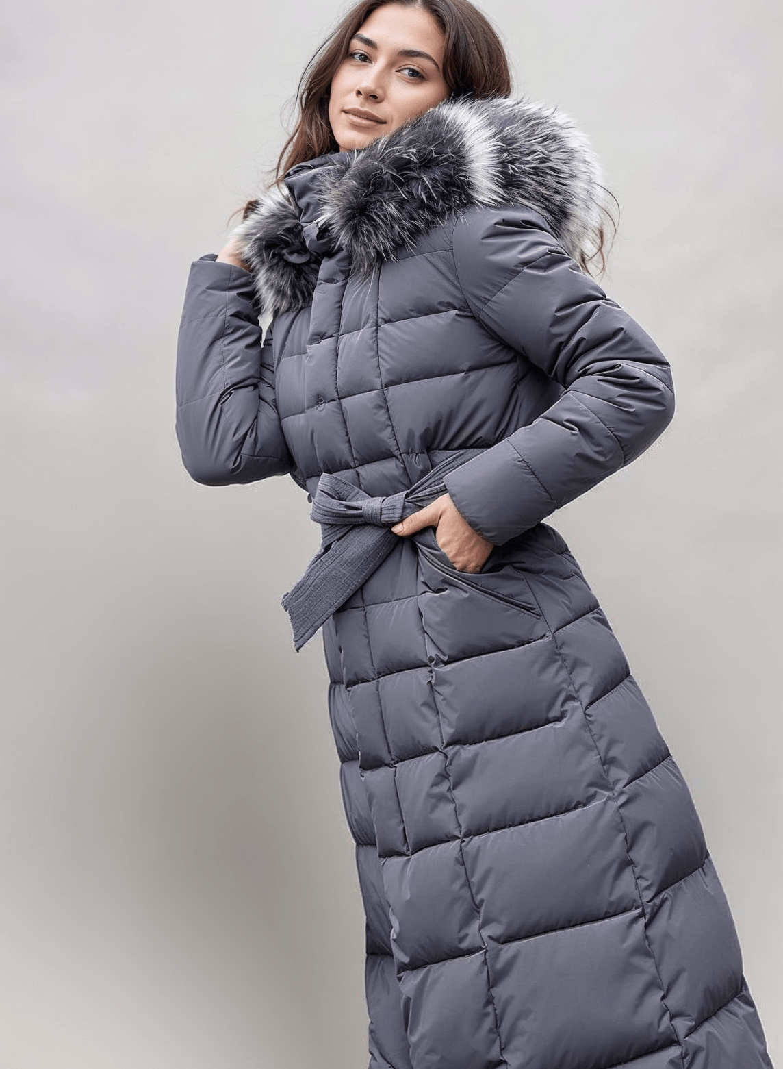 Long belted puffer coat with faux fur hood for women | Valeria