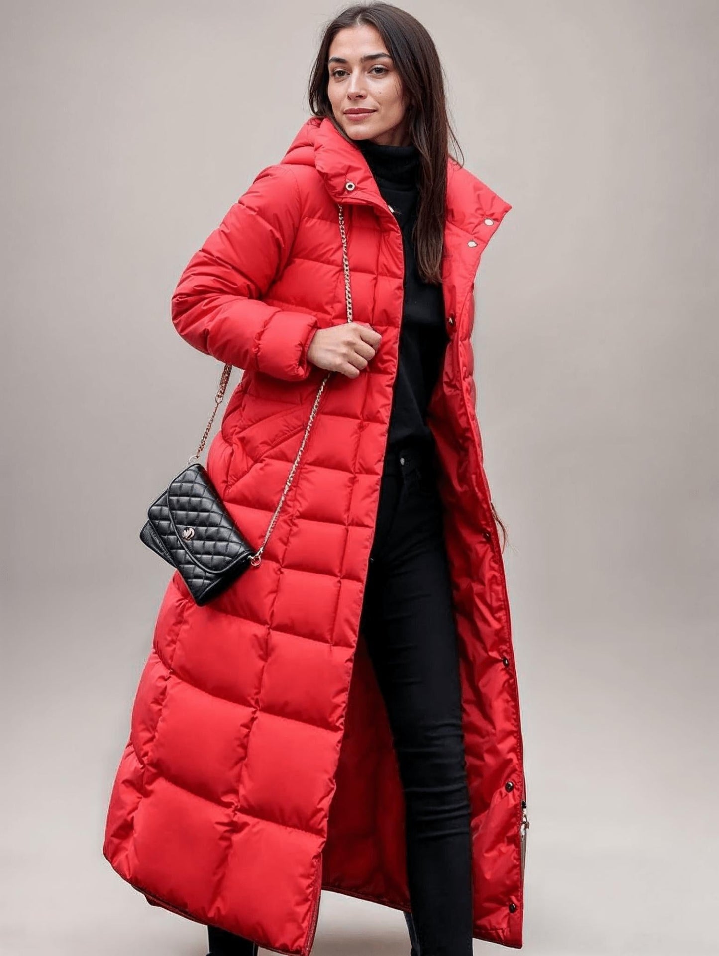 Long belted puffer coat with faux fur hood for women | Valeria