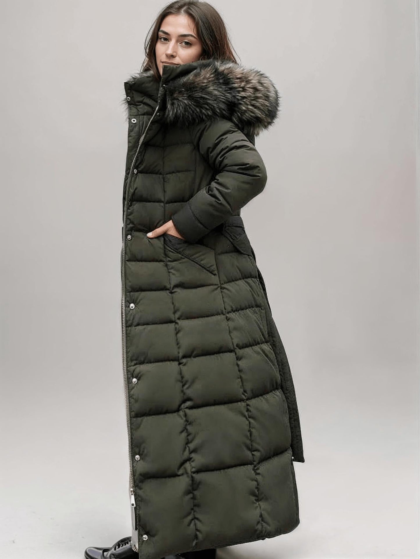Long belted puffer coat with faux fur hood for women | Valeria