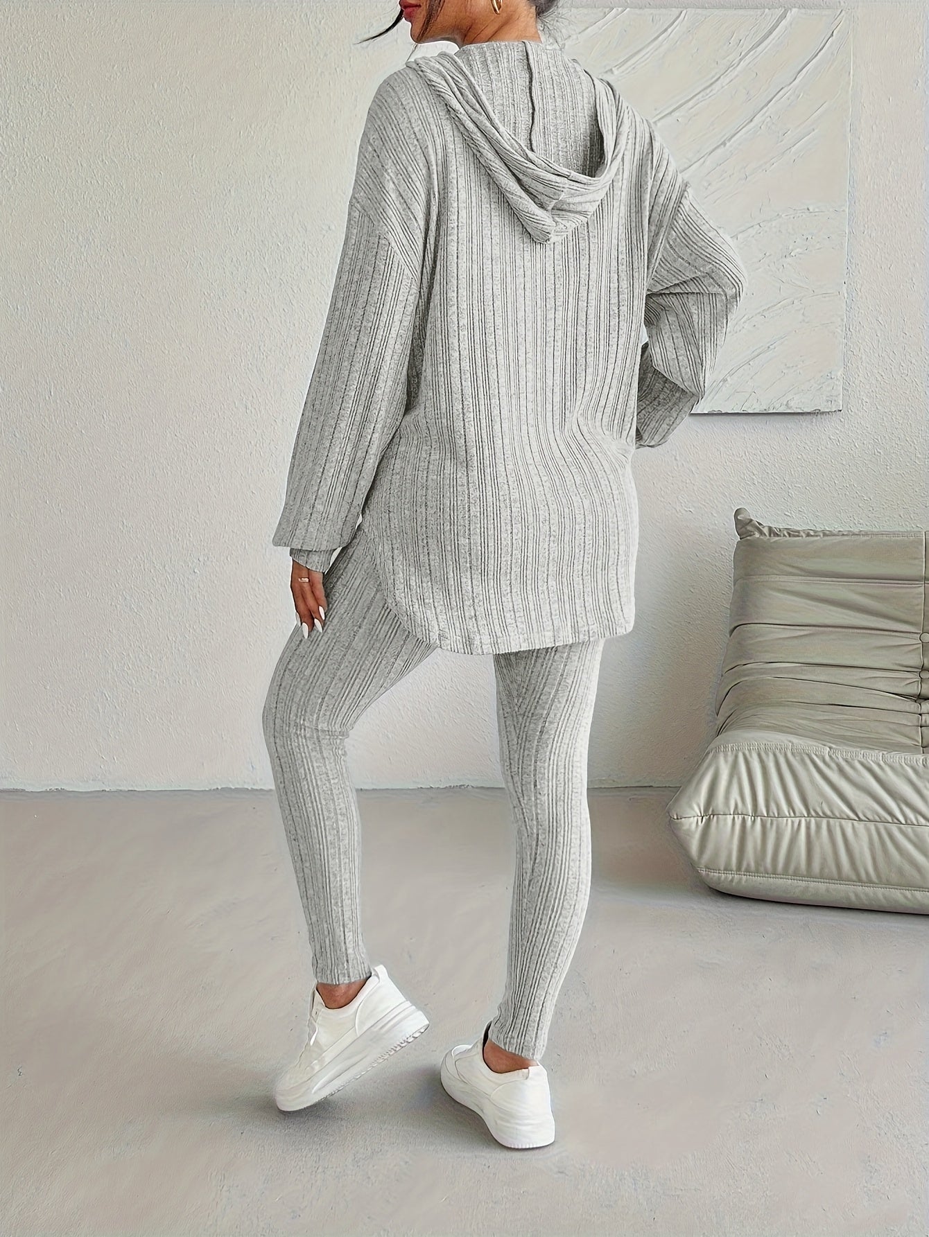Ribbed knit lounge set with hooded top and high waist leggings for women | Camden