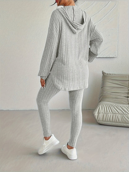 Ribbed knit lounge set with hooded top and high waist leggings for women | Camden