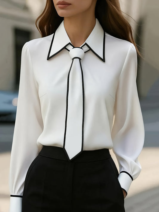 Contrast tie blouse with oversized collar and piping detail for women | Maison