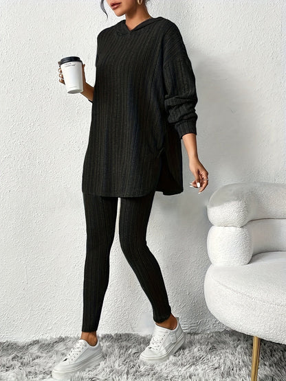 Ribbed knit lounge set with hooded top and high waist leggings for women | Camden