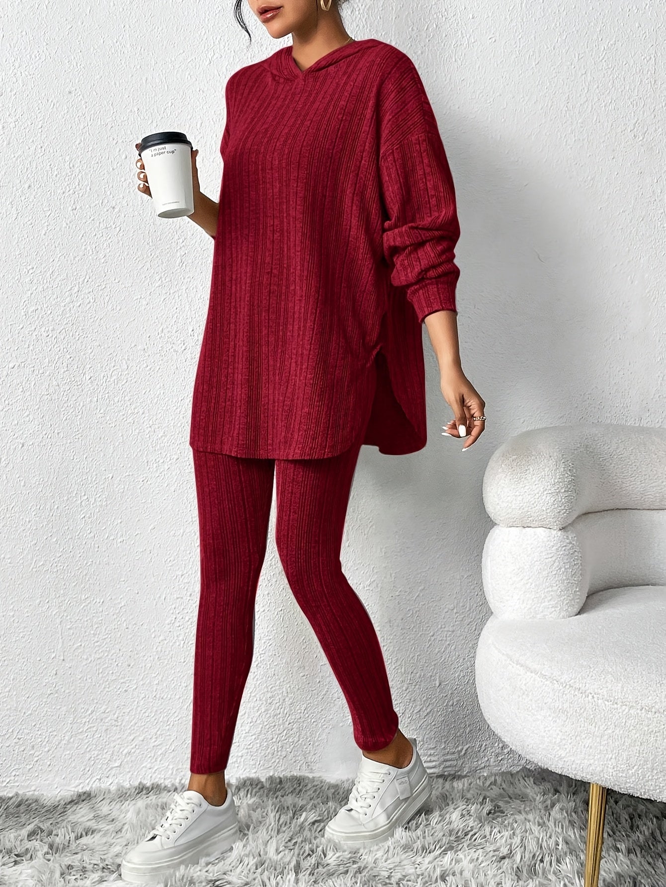 Ribbed knit lounge set with hooded top and high waist leggings for women | Camden