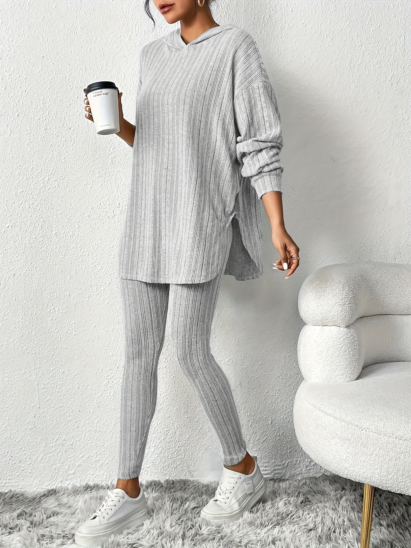 Ribbed knit lounge set with hooded top and high waist leggings for women | Camden