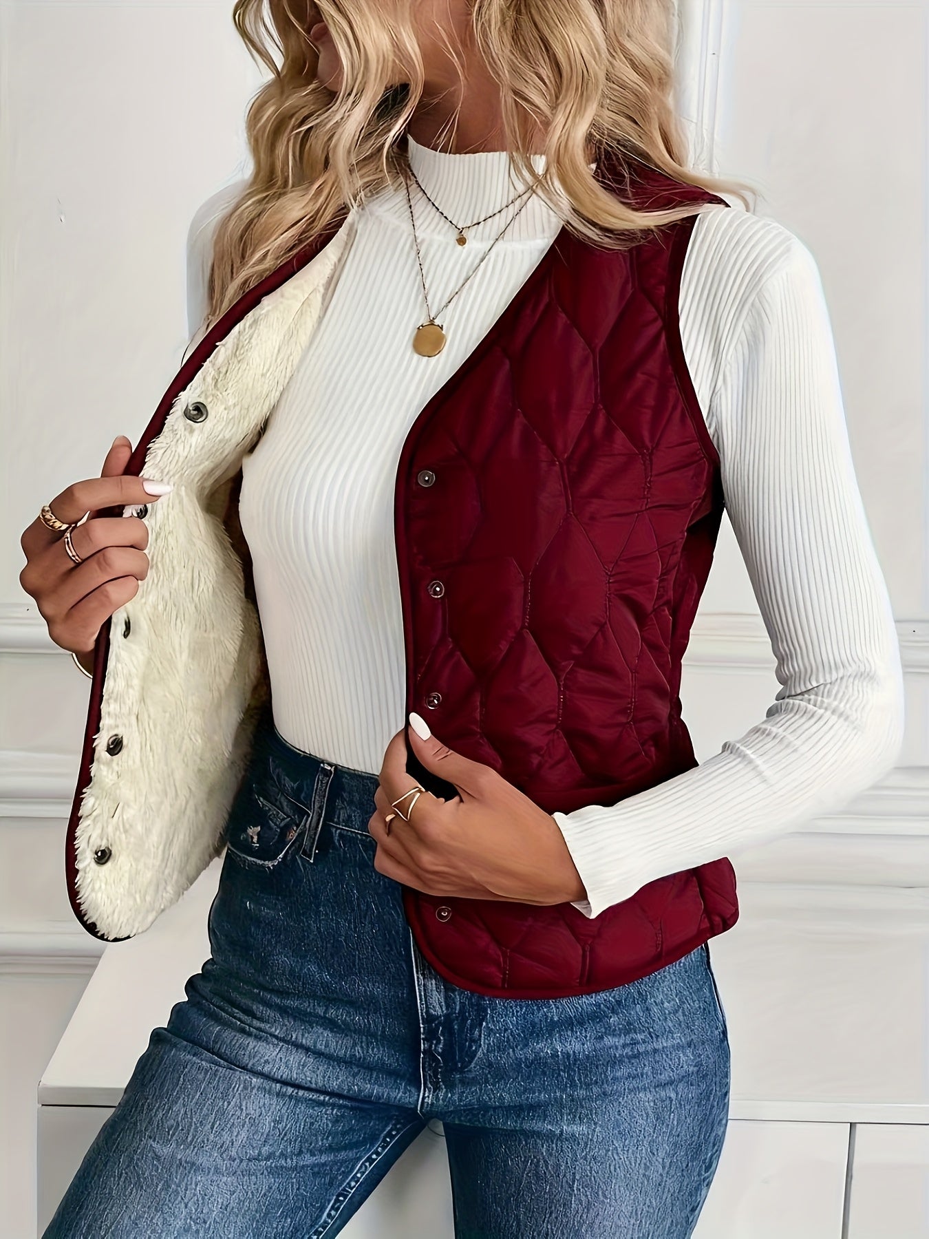 Quilted bomber vest with snap button front detail for women | Pique