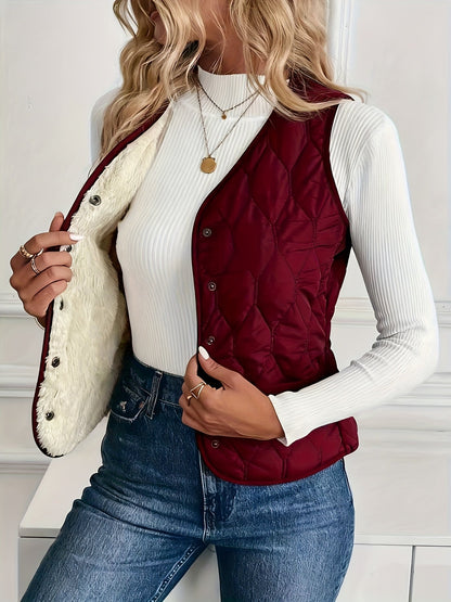 Quilted bomber vest with snap button front detail for women | Pique