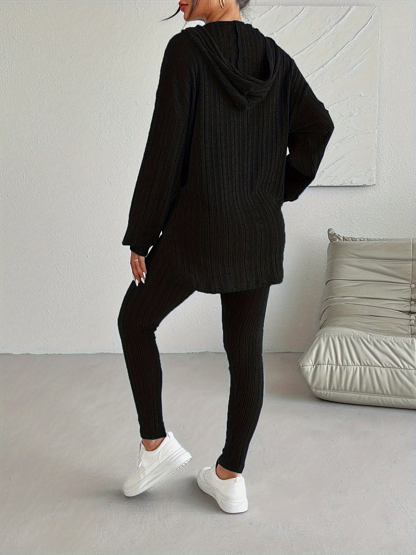 Ribbed knit lounge set with hooded top and high waist leggings for women | Camden