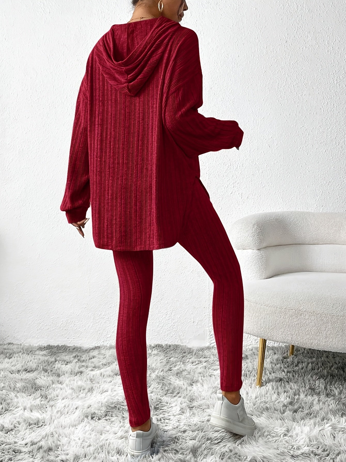 Ribbed knit lounge set with hooded top and high waist leggings for women | Camden