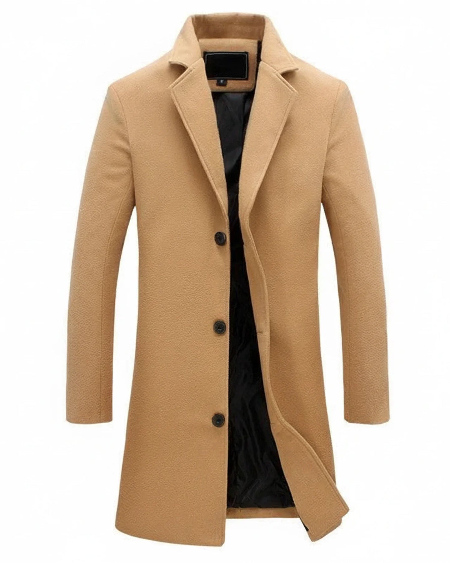 Classic formal long overcoat with button front and notch lapel for men | Arthur