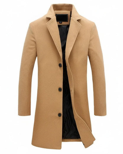 Classic formal long overcoat with button front and notch lapel for men | Arthur