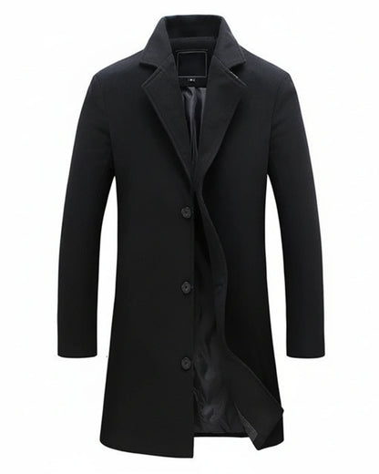 Classic formal long overcoat with button front and notch lapel for men | Arthur