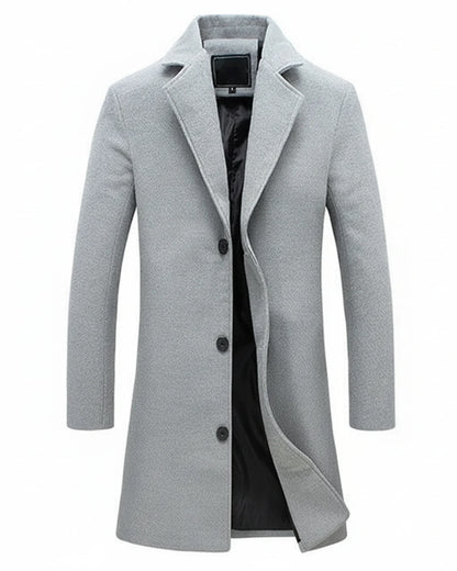 Classic formal long overcoat with button front and notch lapel for men | Arthur