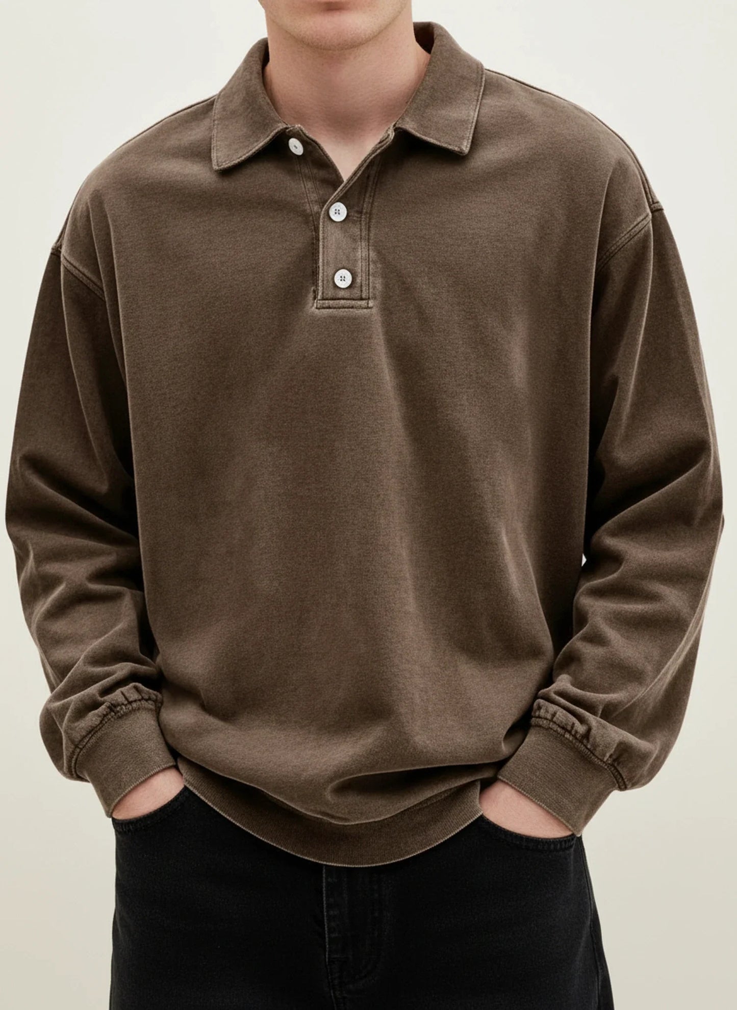Vintage inspired long sleeve polo shirt with button collar detail for men | Rowan