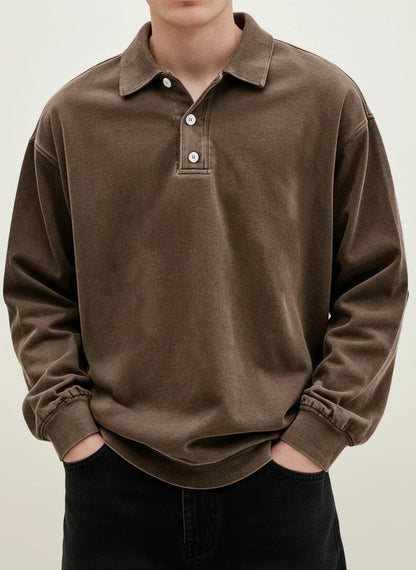 Vintage inspired long sleeve polo shirt with button collar detail for men | Rowan