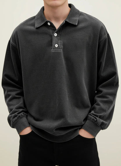 Vintage inspired long sleeve polo shirt with button collar detail for men | Rowan