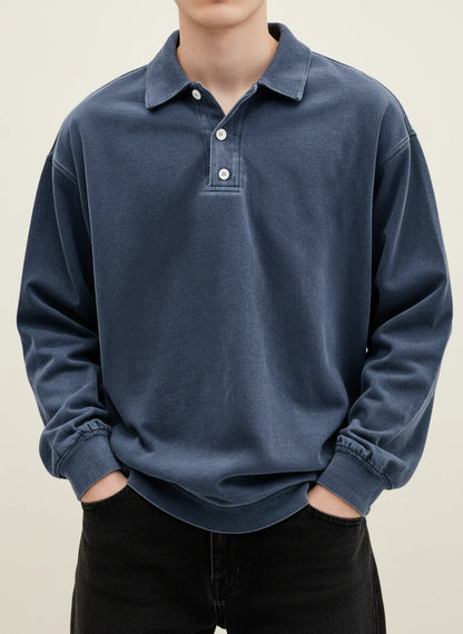 Vintage inspired long sleeve polo shirt with button collar detail for men | Rowan