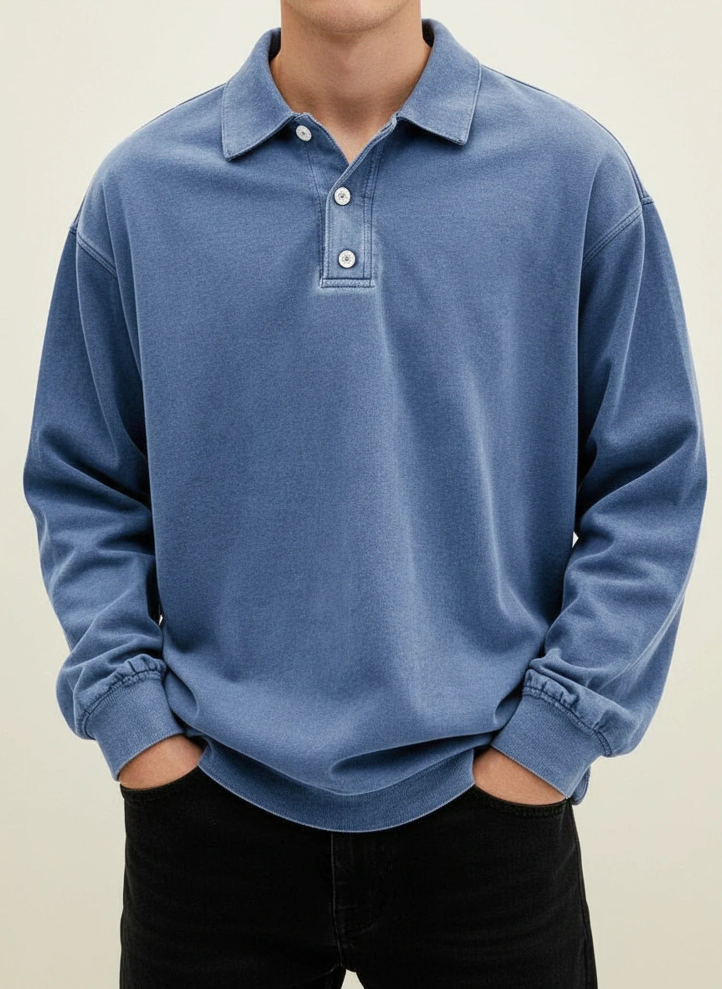 Vintage inspired long sleeve polo shirt with button collar detail for men | Rowan