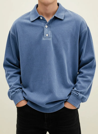 Vintage inspired long sleeve polo shirt with button collar detail for men | Rowan