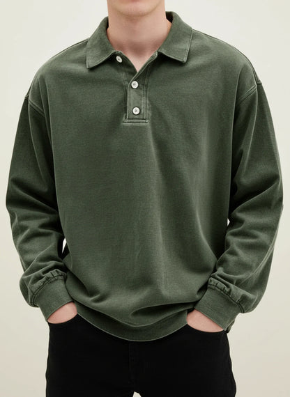 Vintage inspired long sleeve polo shirt with button collar detail for men | Rowan