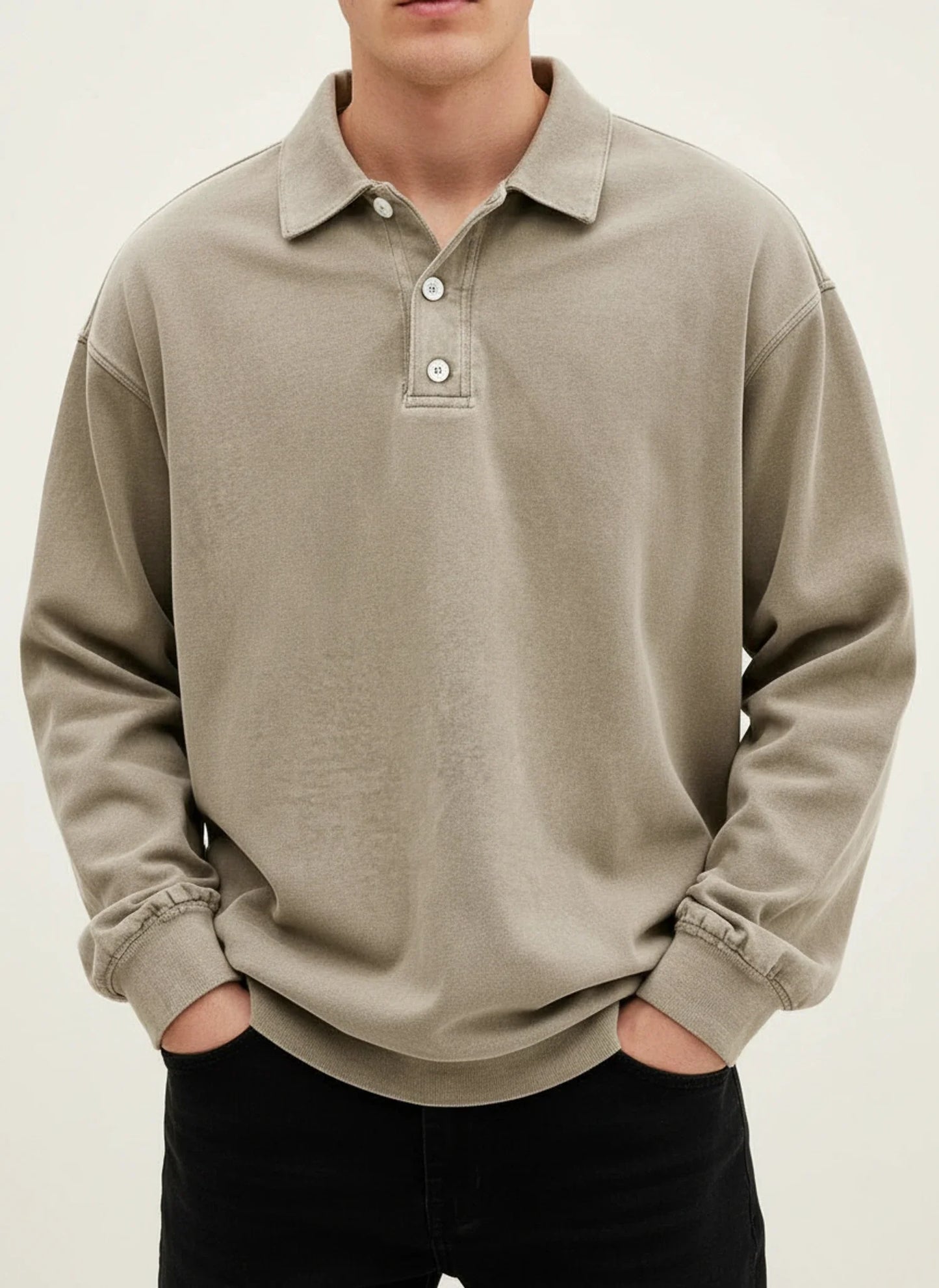 Vintage inspired long sleeve polo shirt with button collar detail for men | Rowan