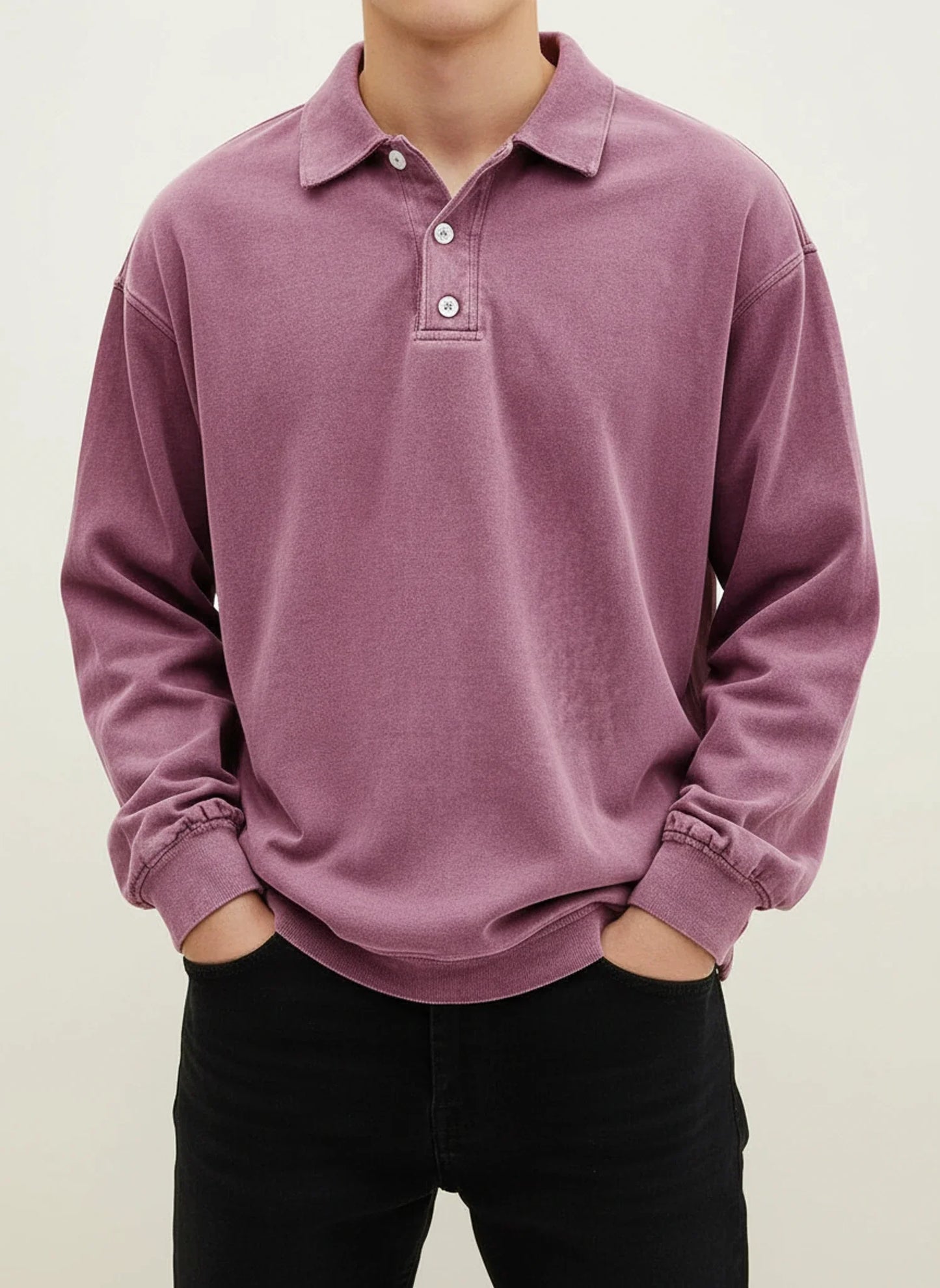 Vintage inspired long sleeve polo shirt with button collar detail for men | Rowan