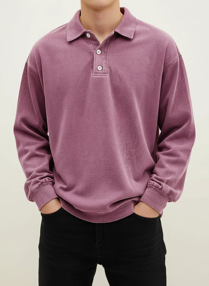 Vintage inspired long sleeve polo shirt with button collar detail for men | Rowan