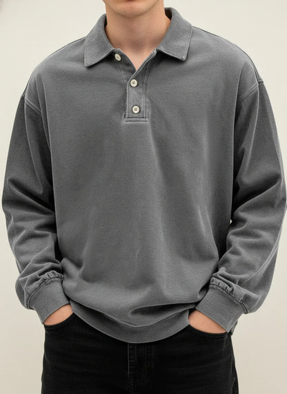 Vintage inspired long sleeve polo shirt with button collar detail for men | Rowan