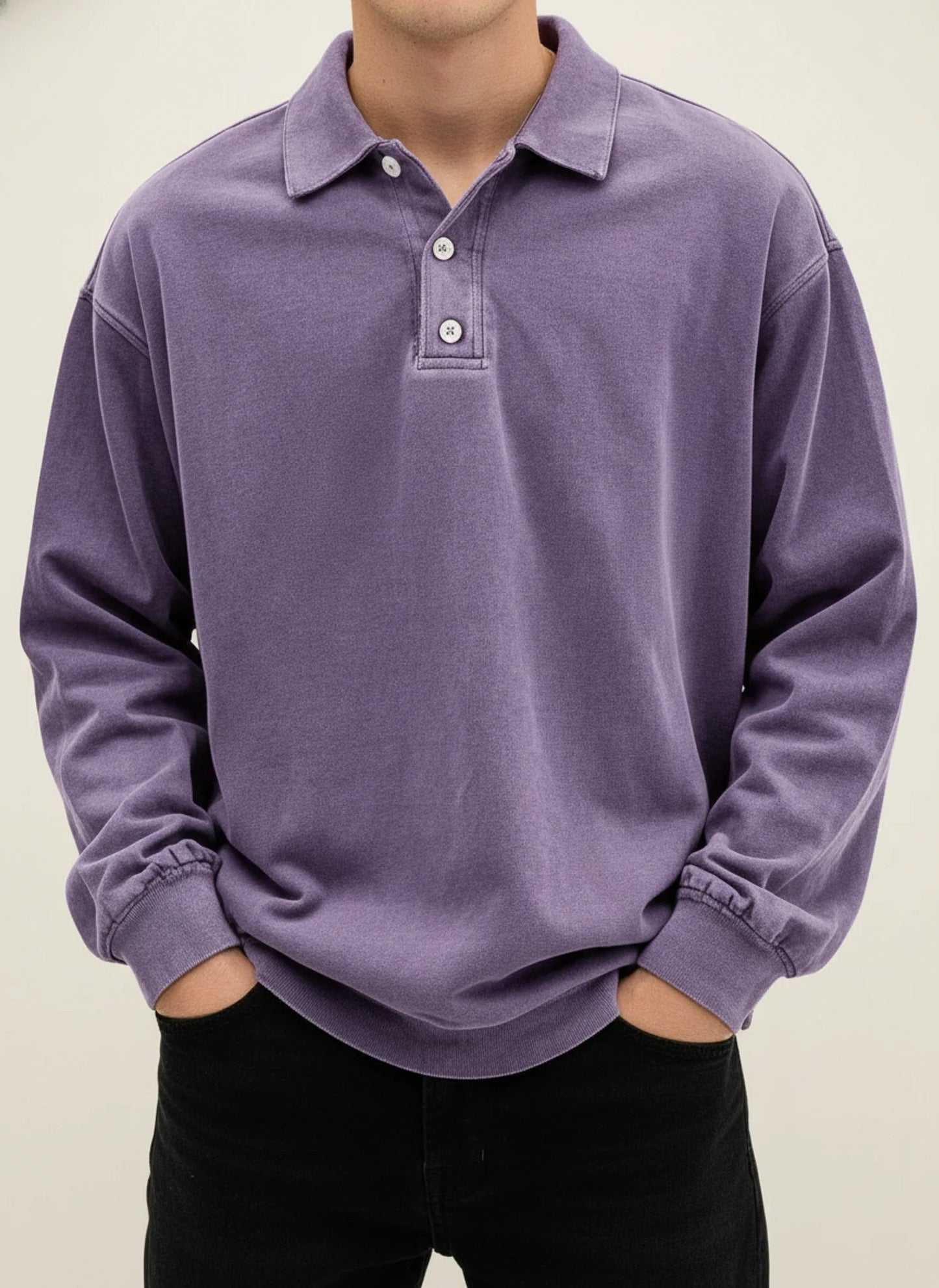 Vintage inspired long sleeve polo shirt with button collar detail for men | Rowan