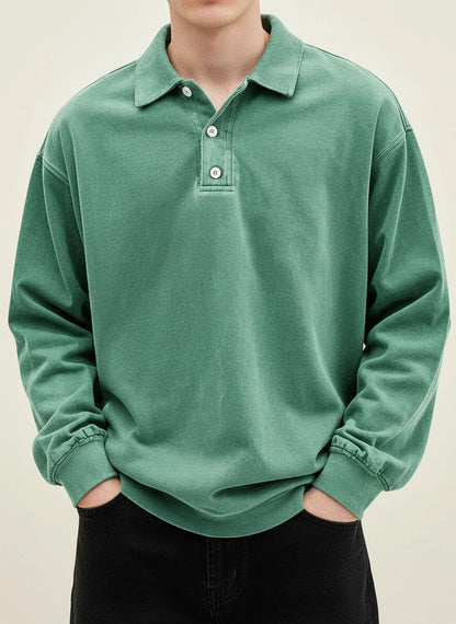 Vintage inspired long sleeve polo shirt with button collar detail for men | Rowan