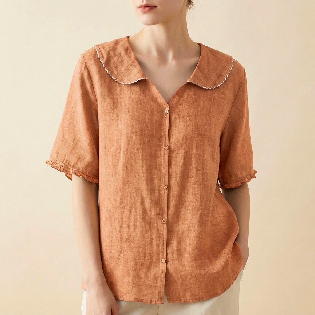 Elegant scalloped collar linen blouse for women | Clara -3