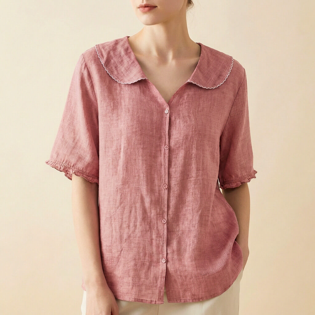 Elegant scalloped collar linen blouse for women | Clara -4