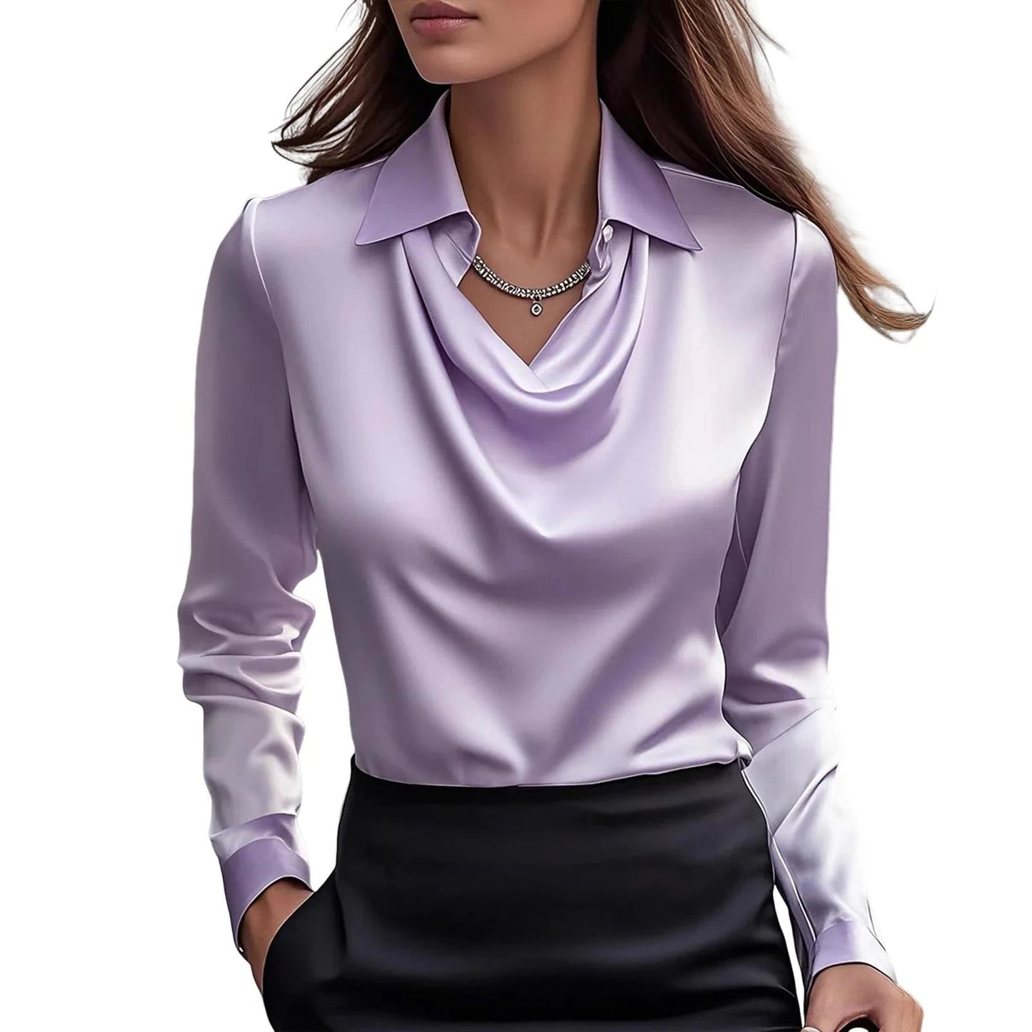 Satin blouse with sculpted cowl neckline and swing collar for women | Muse