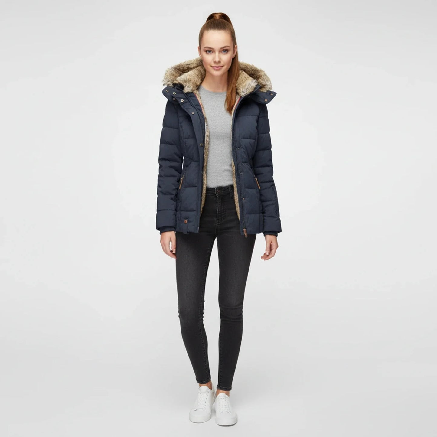 Hooded quilted puffer jacket with fitted silhouette design for women | Aurora