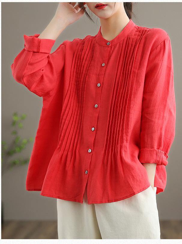 Relaxed stand-collar linen tunic blouse for women -2