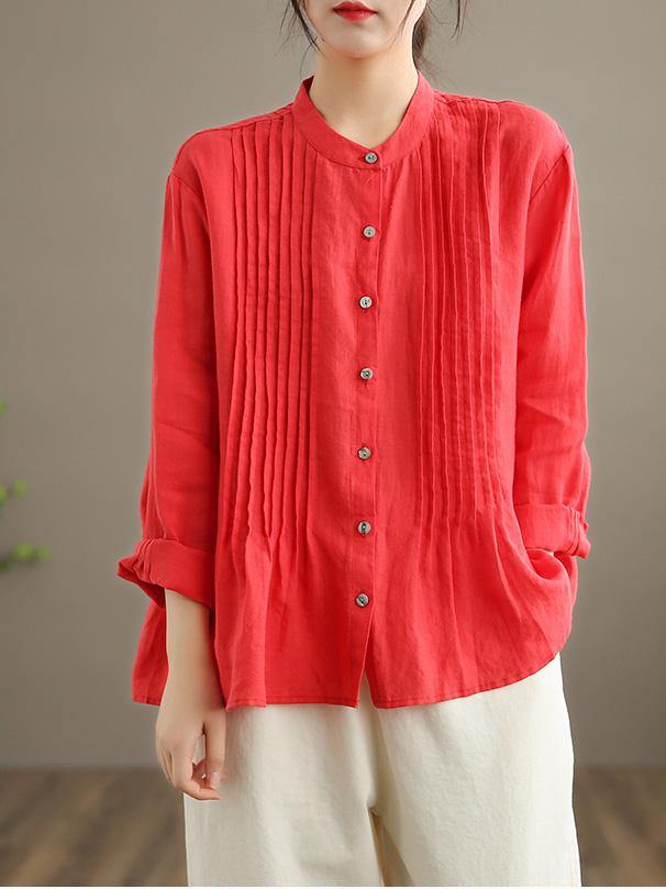 Relaxed stand-collar linen tunic blouse for women -9